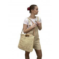 На фото 1 - Женская плетеная сумка из джута, с акцентными  ручками из бамбука, цвет песочный