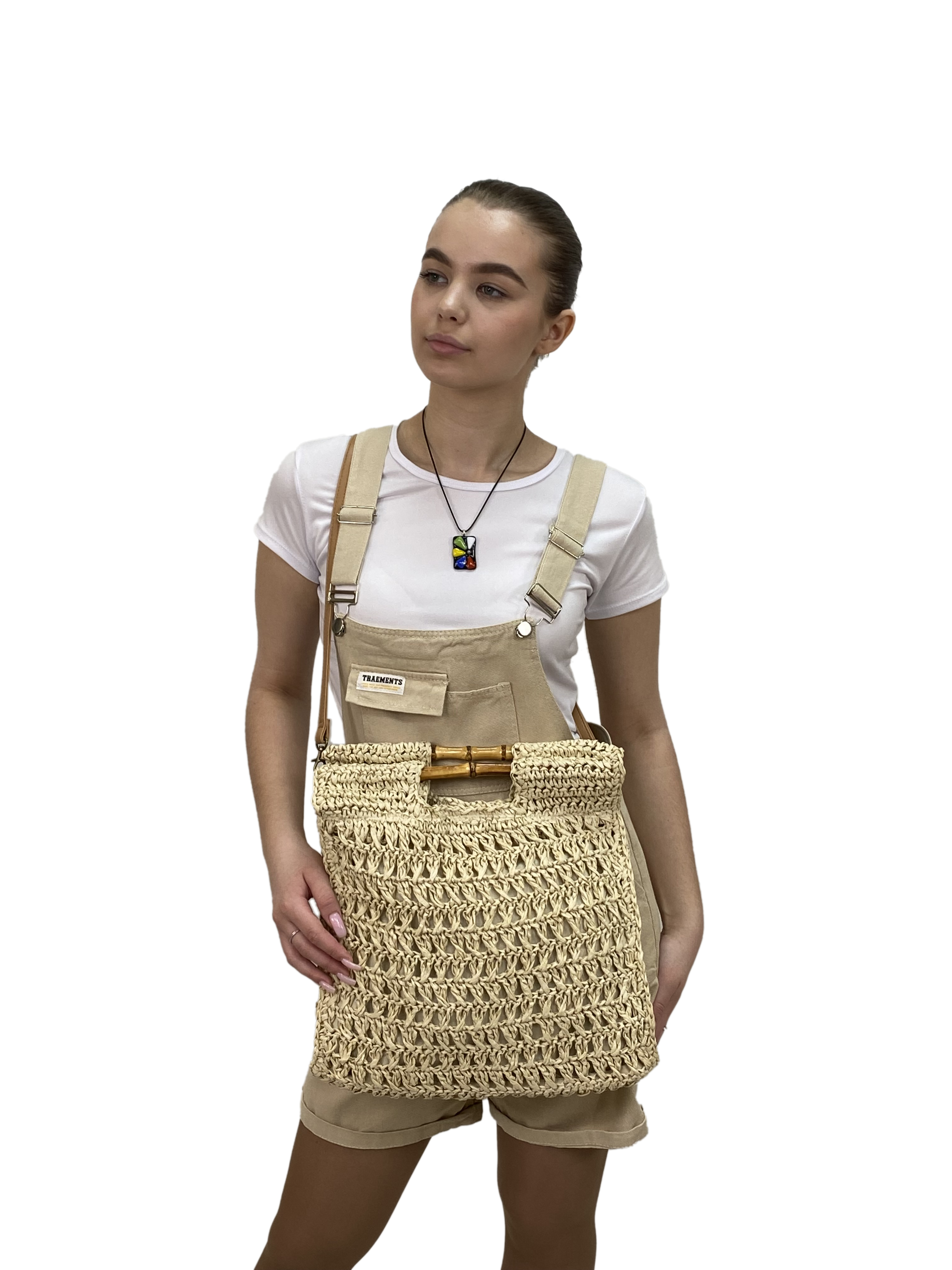 На фото 3 - Женская плетеная сумка из джута, с акцентными  ручками из бамбука, цвет песочный