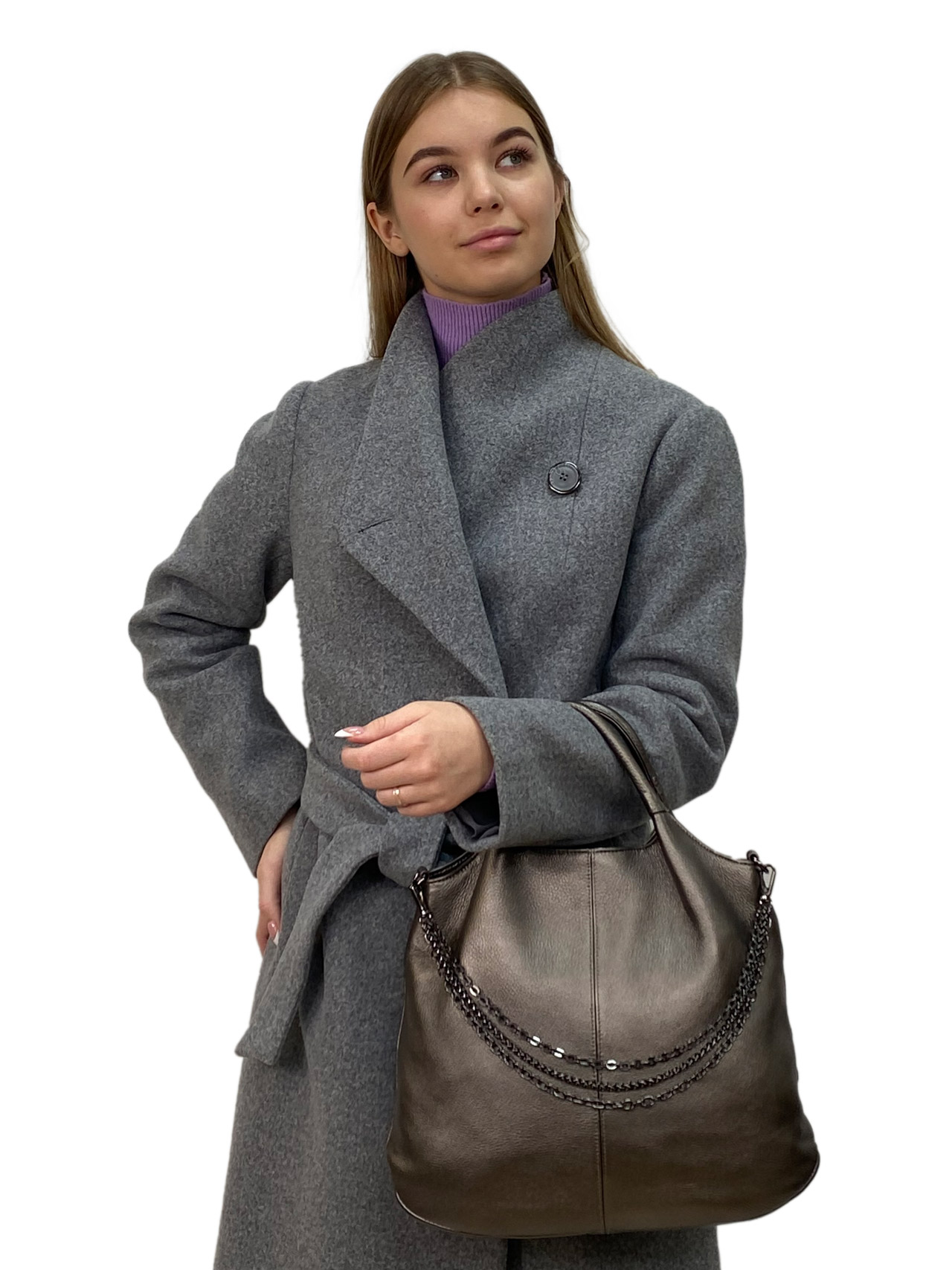 На фото 1 - Женская сумка  из натуральной кожи, цвет серый металлик