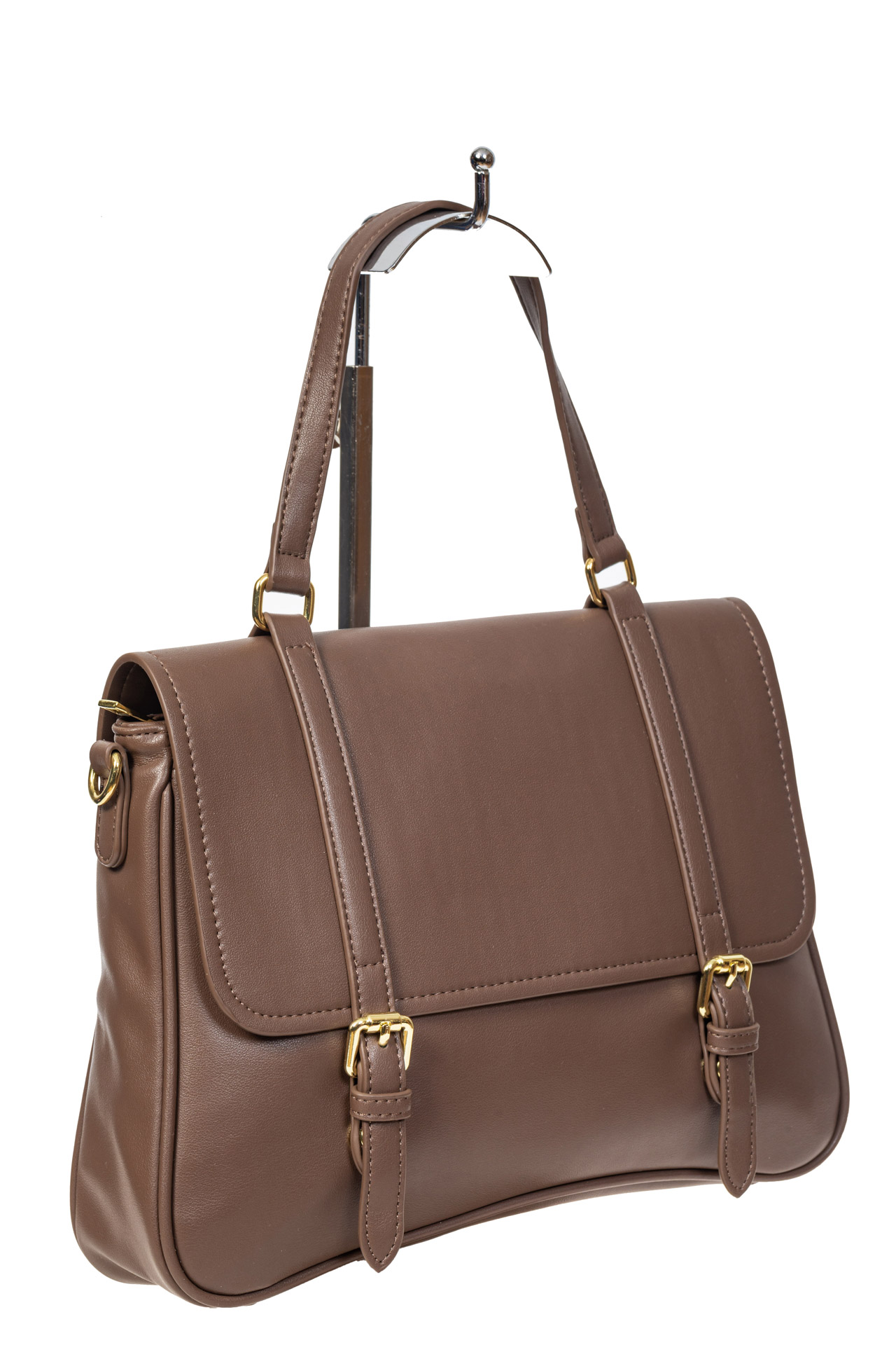 На фото 1 - Женская сумка сэтчел из искусственной кожи, коричневая