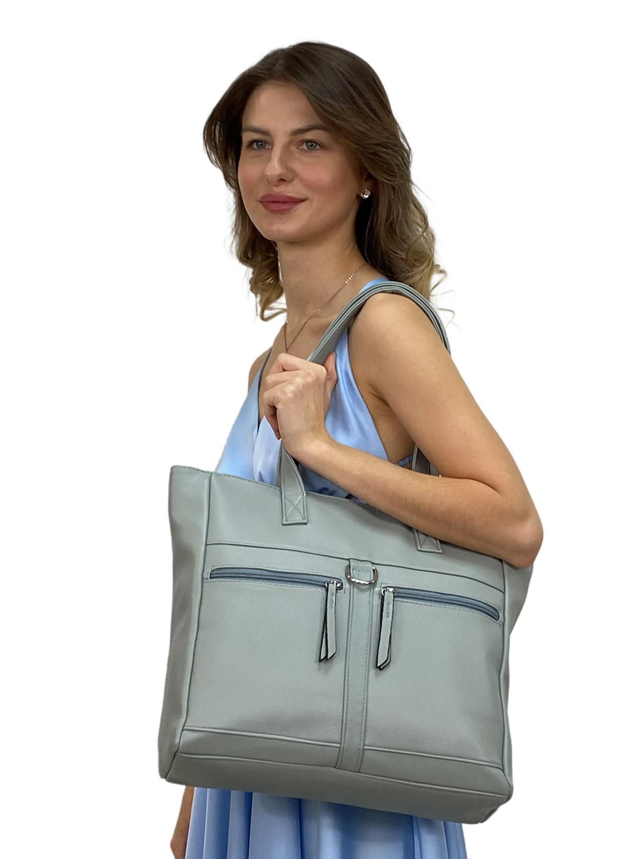 На фото 1 - Женская сумка из искусственной кожи, цвет серо-голубой