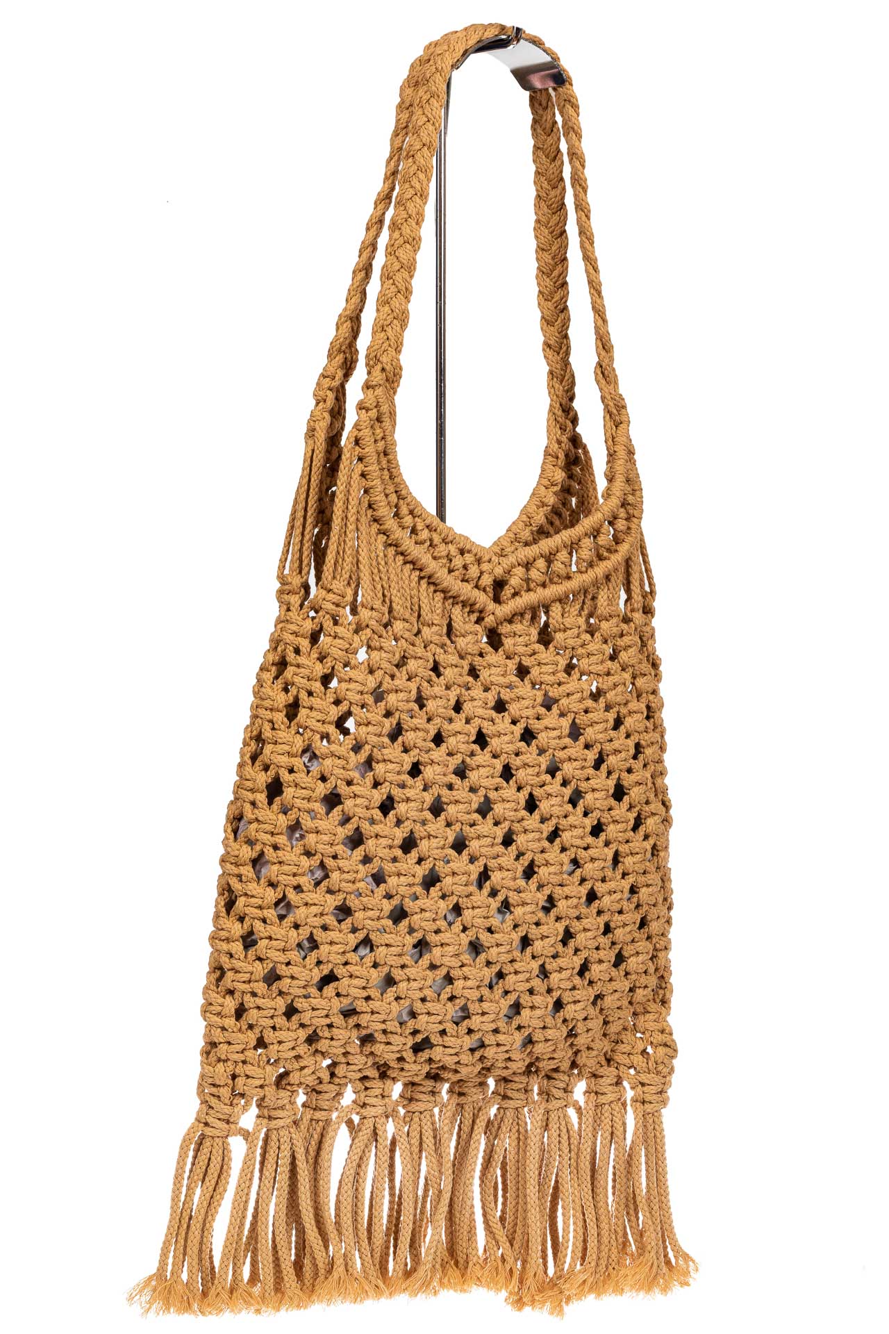 На фото 1 - Женская сумка-авоська с плетеными ручками, цвет песочный