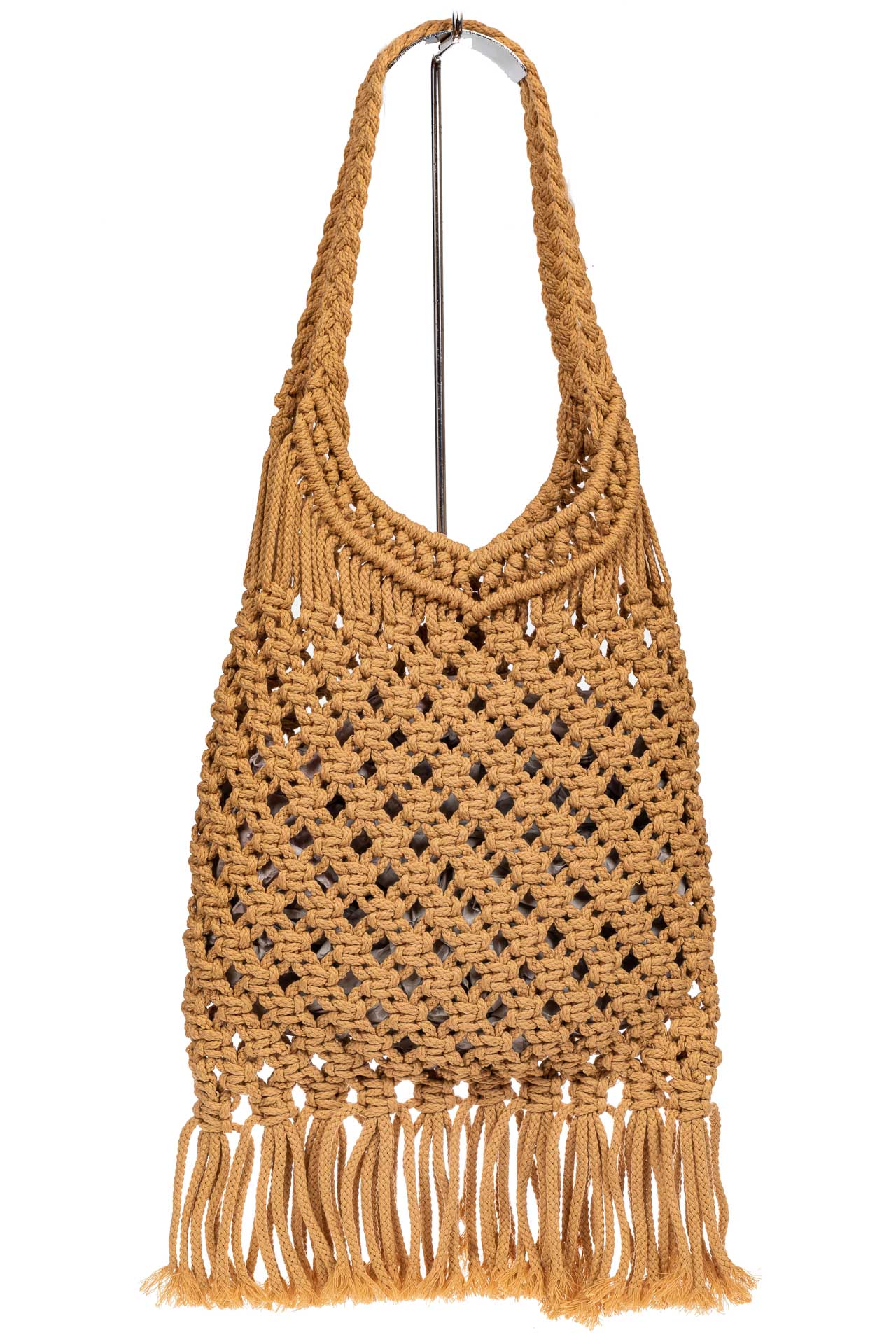 На фото 2 - Женская сумка-авоська с плетеными ручками, цвет песочный
