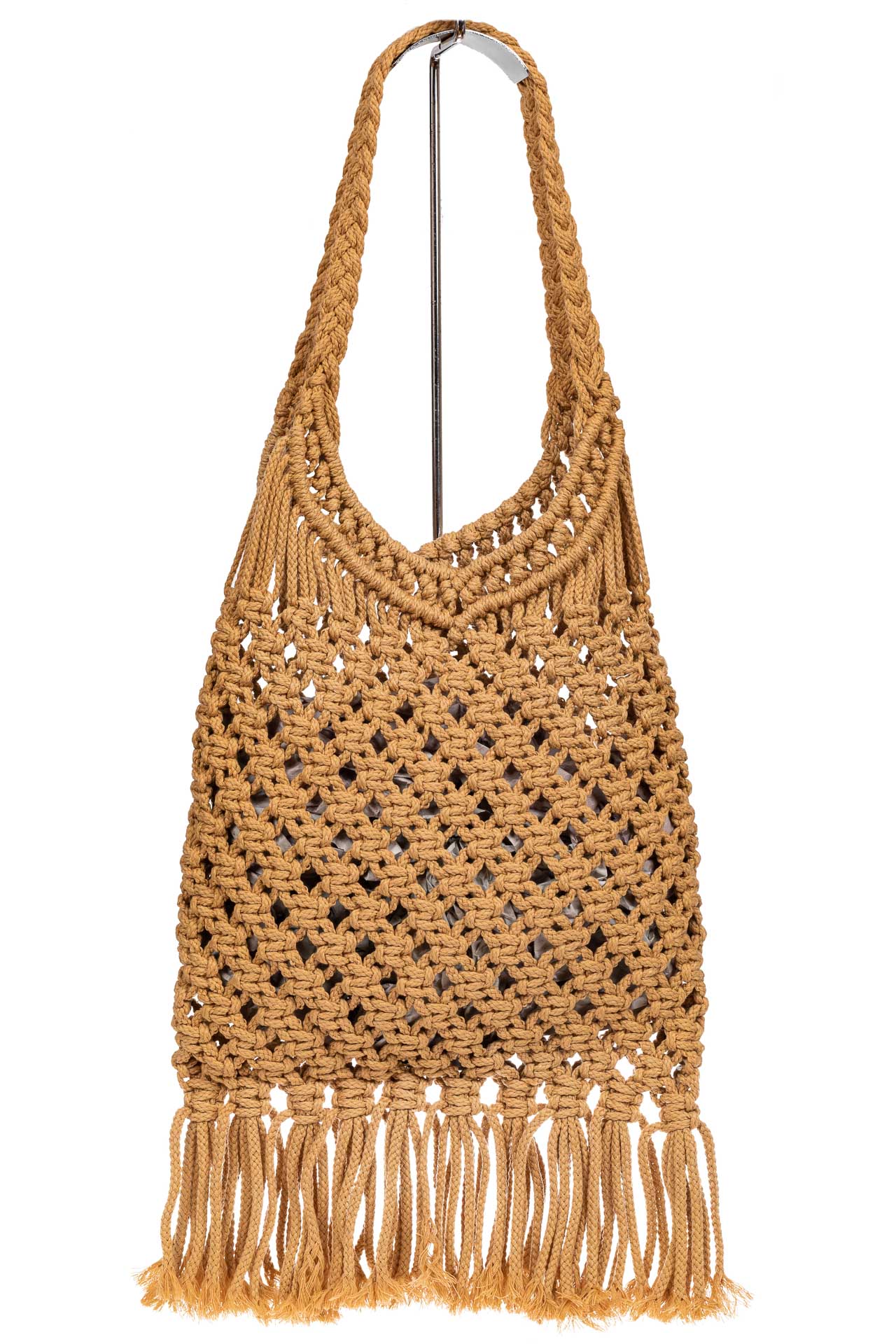 На фото 3 - Женская сумка-авоська с плетеными ручками, цвет песочный