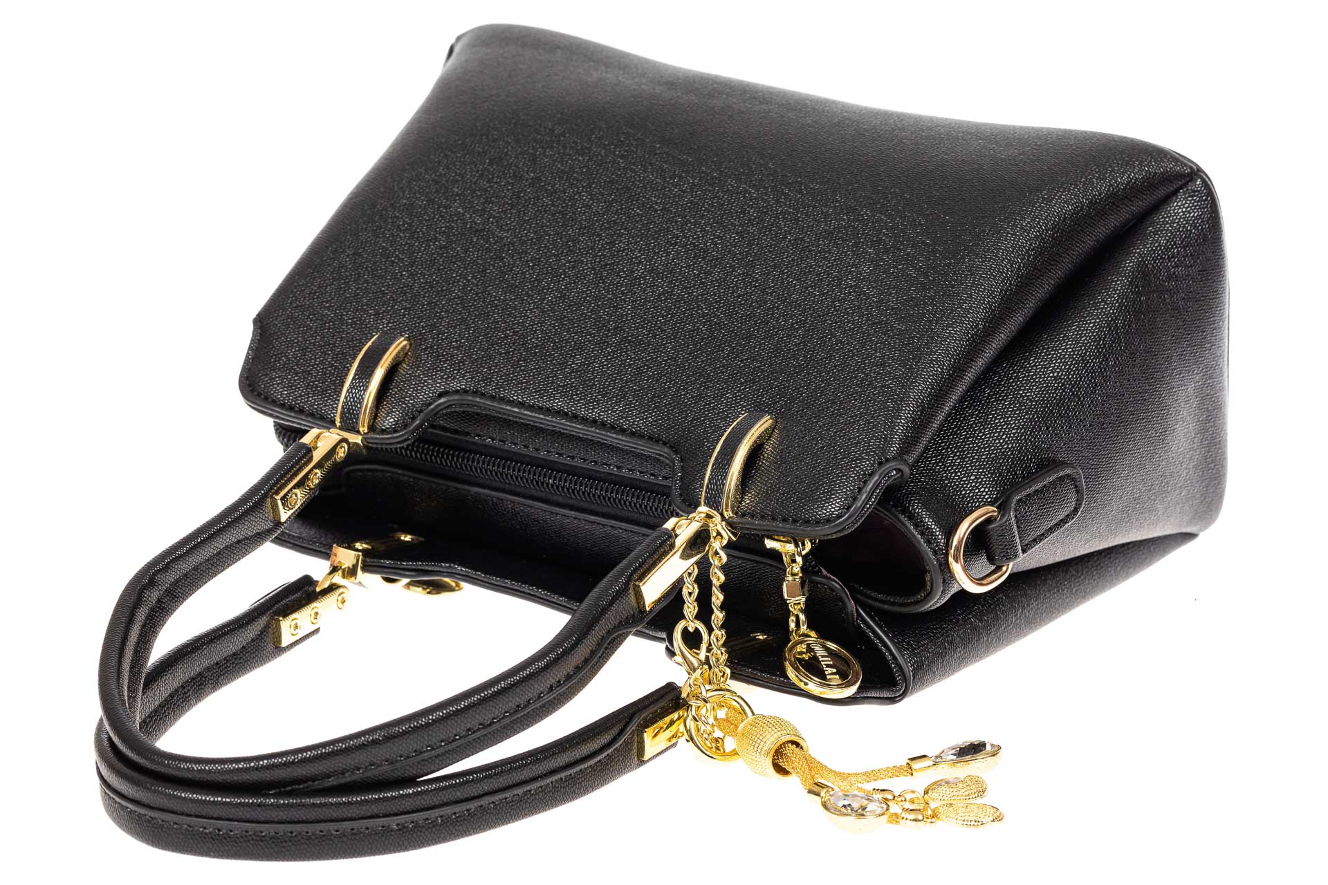 На фото 4 - Женская сумка-трапеция из экокожи с подвеской, цвет черный