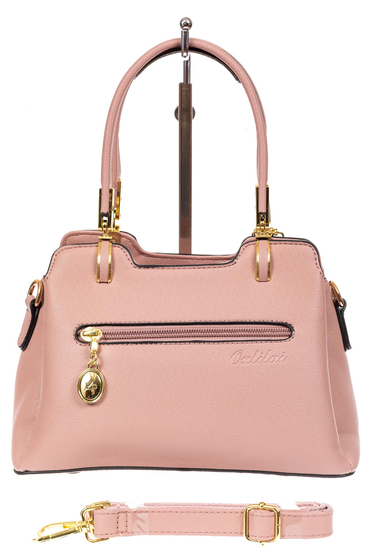 На фото 3 - Женская сумка-трапеция из экокожи с подвеской, цвет розовый