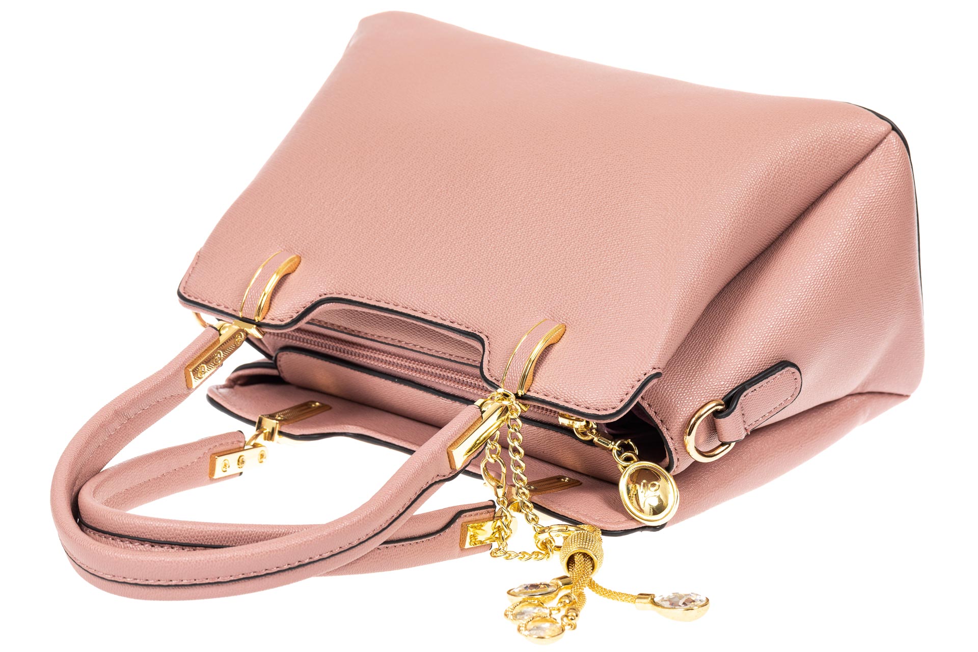 На фото 4 - Женская сумка-трапеция из экокожи с подвеской, цвет розовый