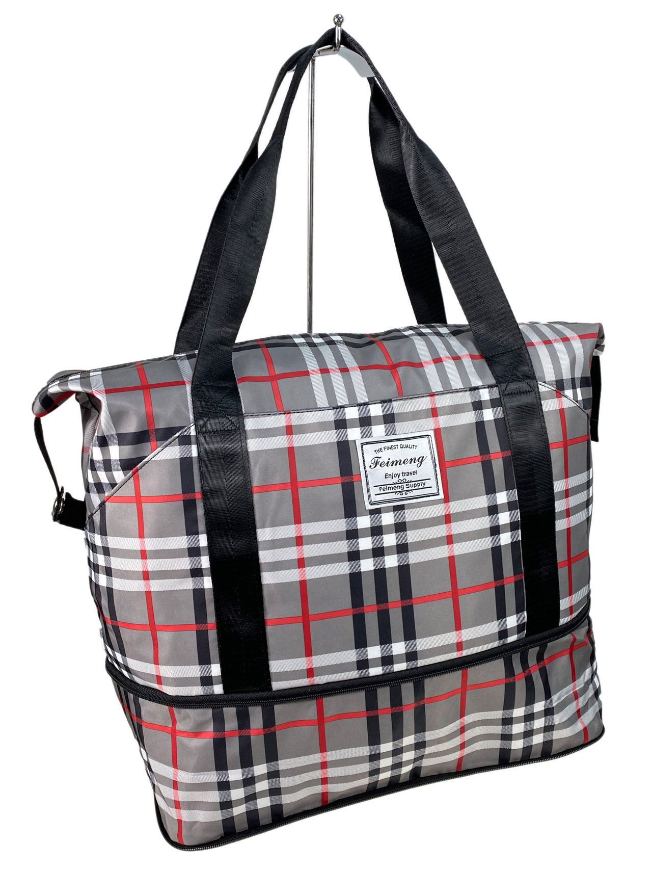 На фото 1 - Дорожная сумка из текстиля, цвет серый с черным и красным 