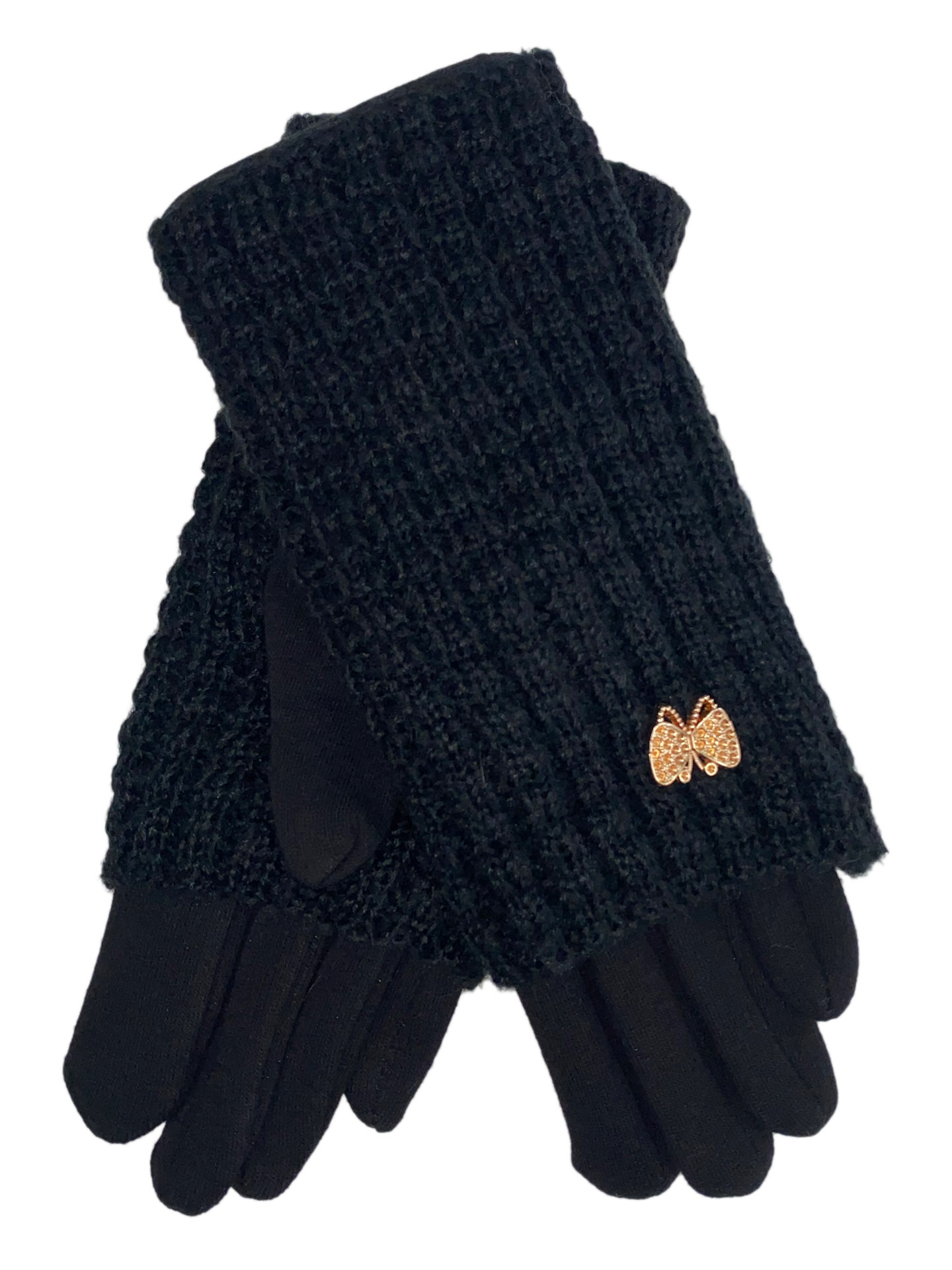 На фото 1 - Текстильные женские перчатки с украшенными шерстяными митенками, цвет чёрный