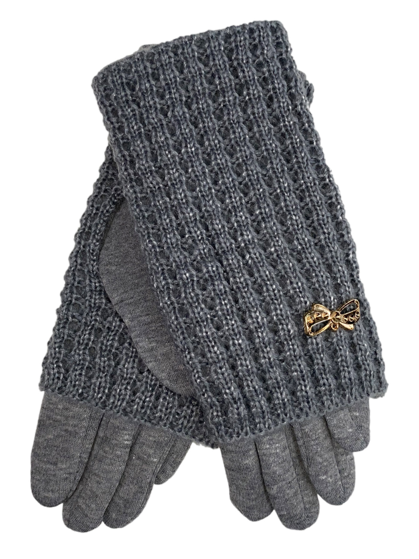 На фото 1 - Текстильные женские перчатки с украшенными шерстяными митенками, цвет серый