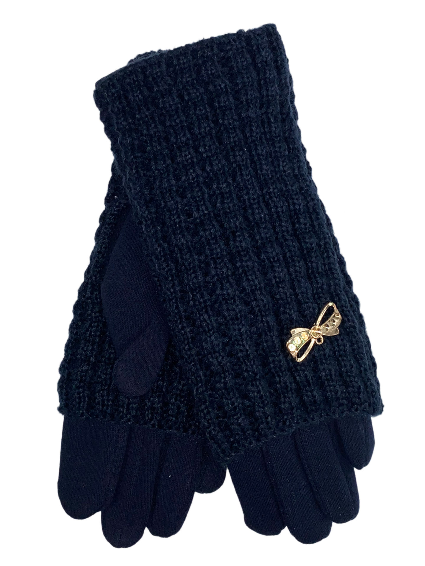 На фото 1 - Текстильные женские перчатки с украшенными шерстяными митенками, цвет тёмно-синий