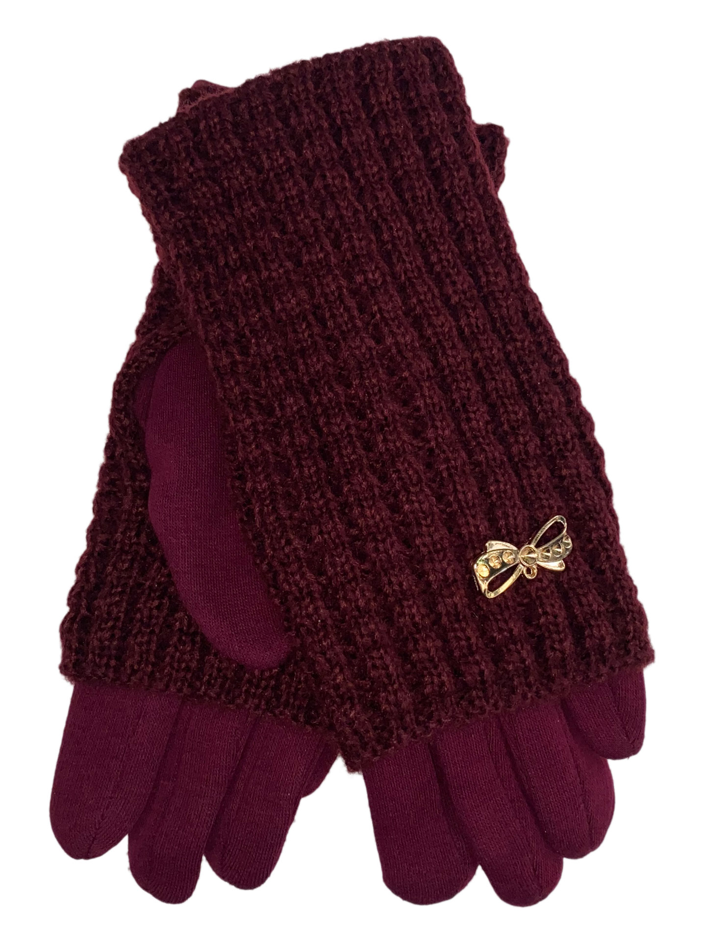 На фото 1 - Текстильные женские перчатки с украшенными шерстяными митенками, цвет бордовый