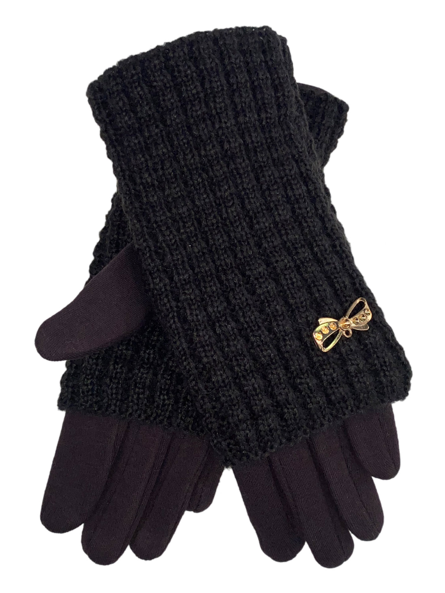 На фото 1 - Текстильные женские перчатки с украшенными шерстяными митенками, цвет шоколад