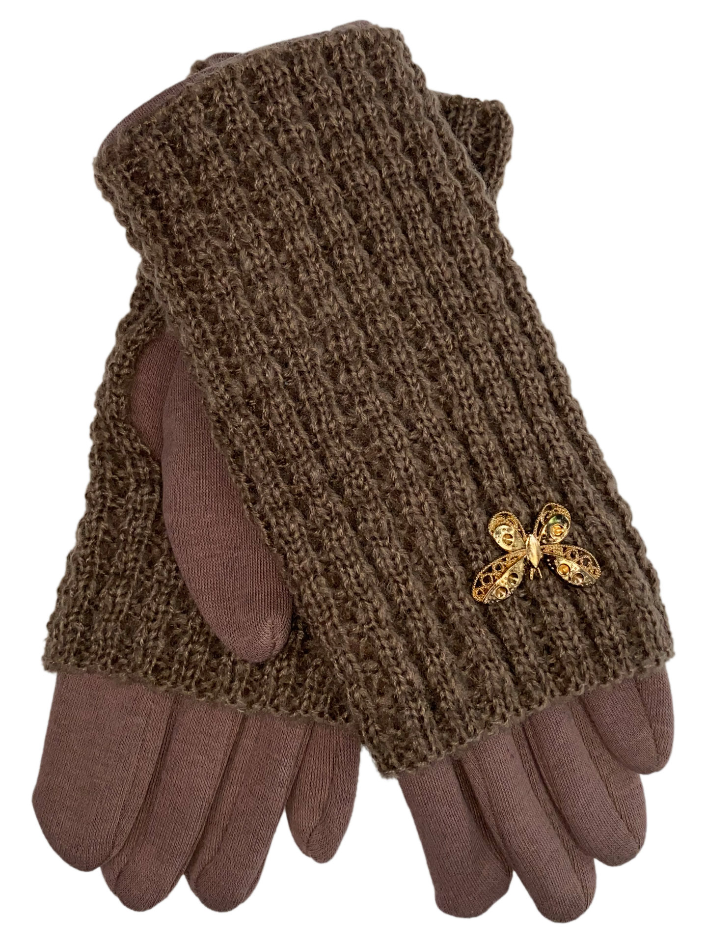 На фото 1 - Текстильные женские перчатки с украшенными шерстяными митенками, цвет коричневый