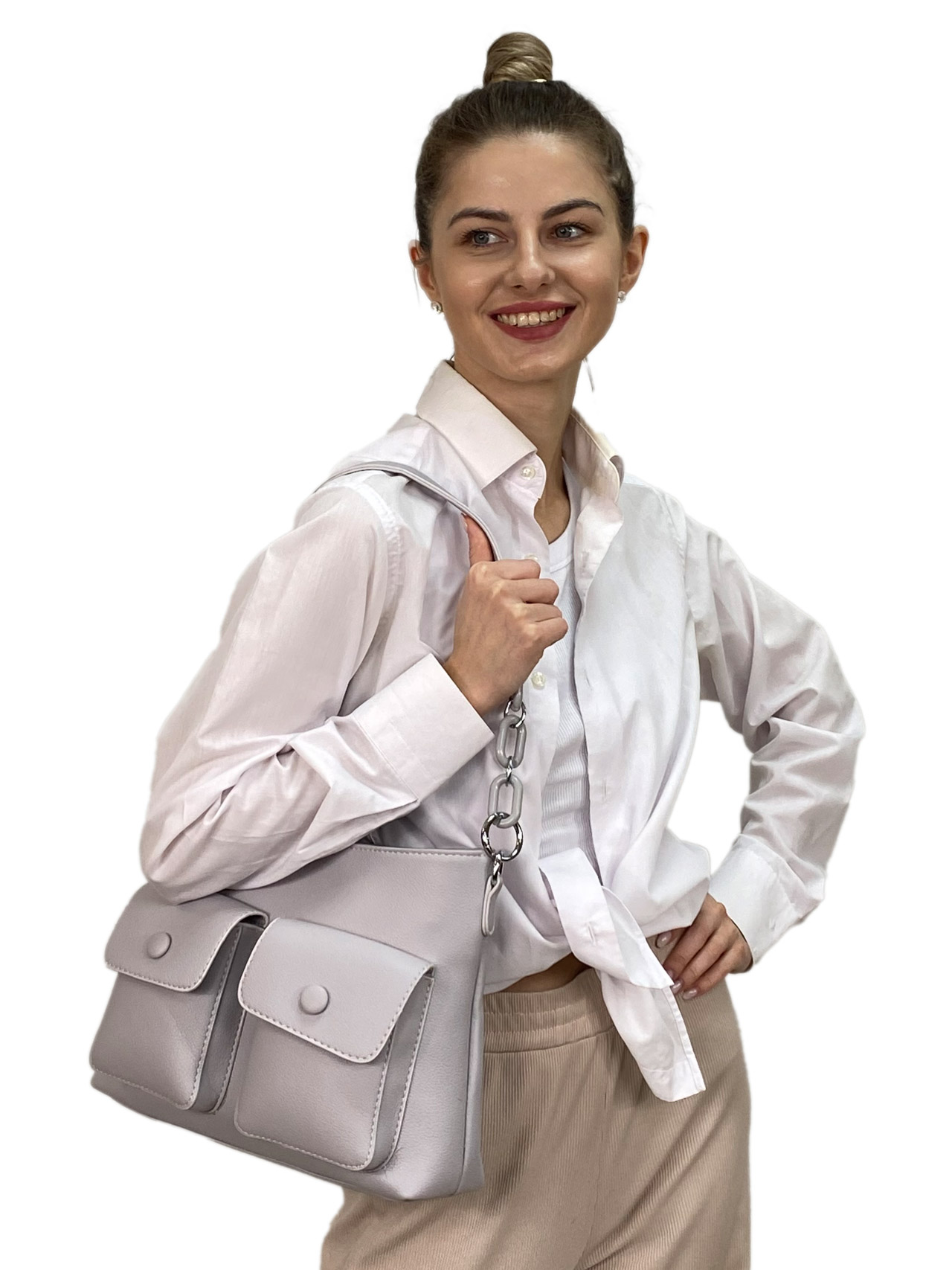 На фото 3 - Женская  сумка из искусственной кожи, цвет светло серый