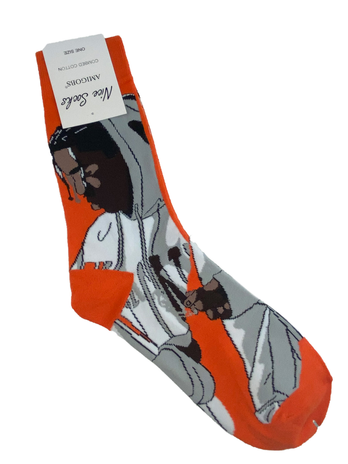 На фото 1 - Высокие носки с молодёжным принтом, цвет красно-оранжевый