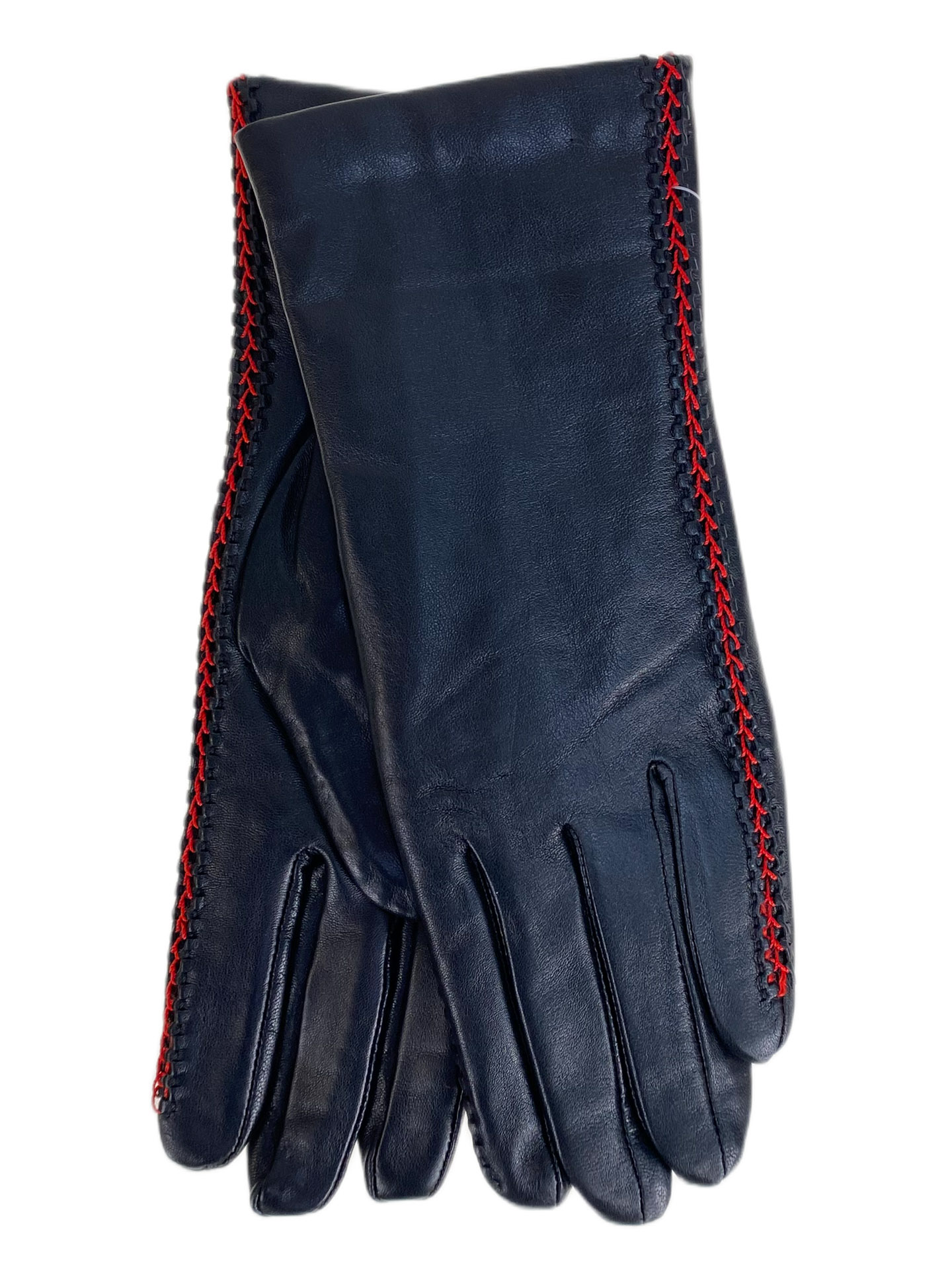 На фото 1 - Женские перчатки из натуральной кожи, цвет черный с красным