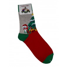 На фото 1 - Высокие молодёжные носки с новогодним принтом, красный с серым и зелёным