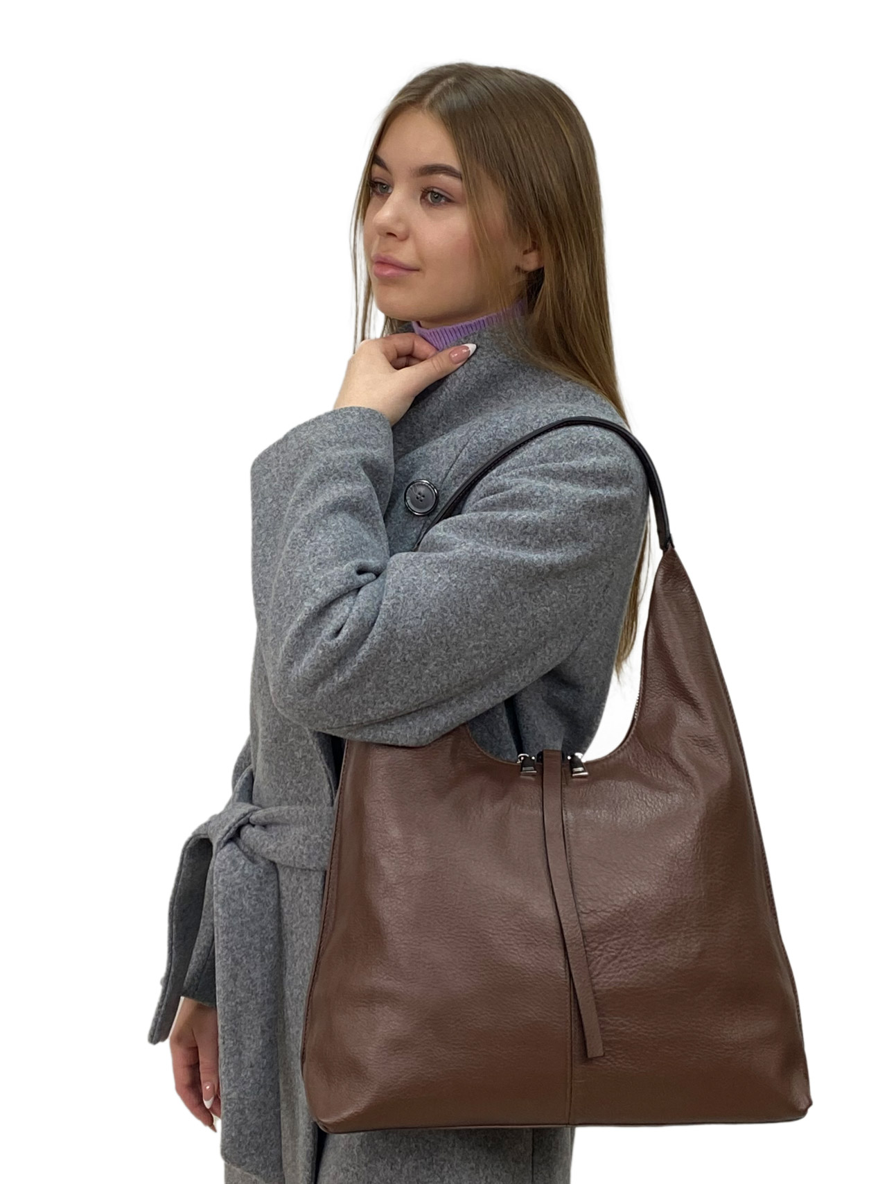 На фото 1 - Женская сумка шоппер из натуральной кожи, цвет коричневый