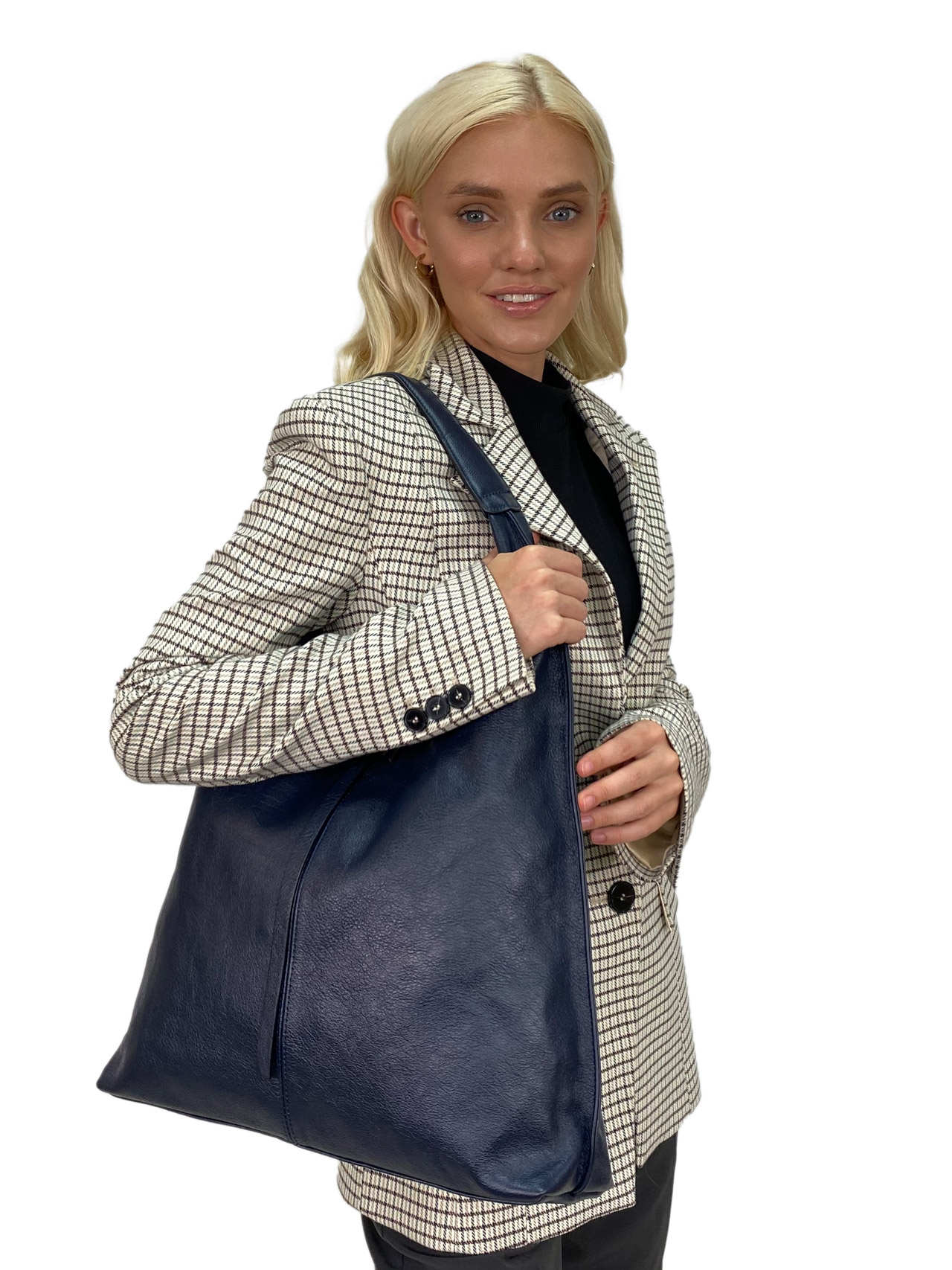 На фото 1 - Женская сумка шоппер из натуральной кожи, цвет синий