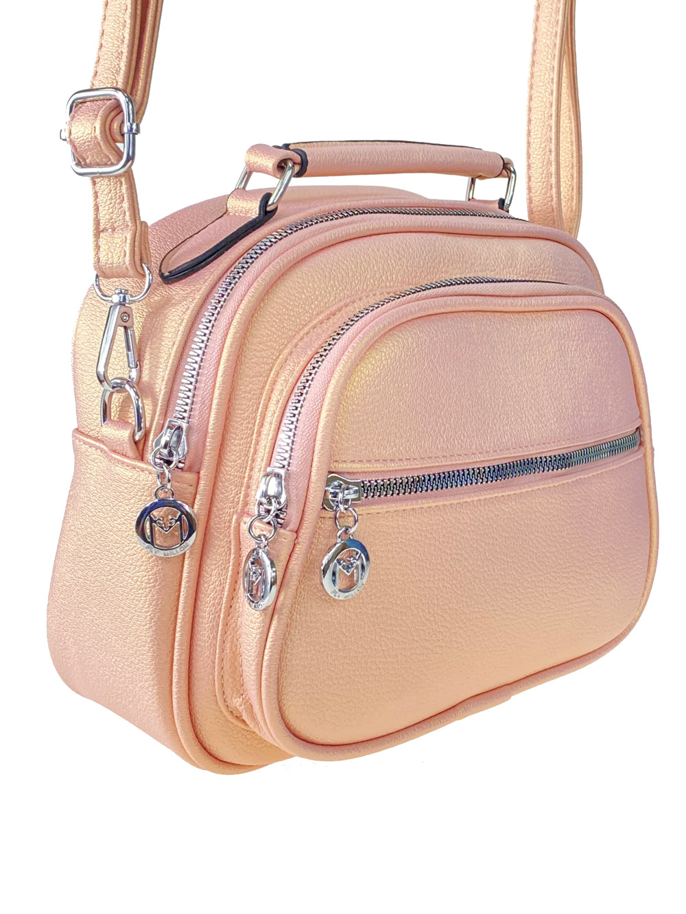На фото 1 - Женская сумка-купол из фактурной экокожи, цвет пудровый