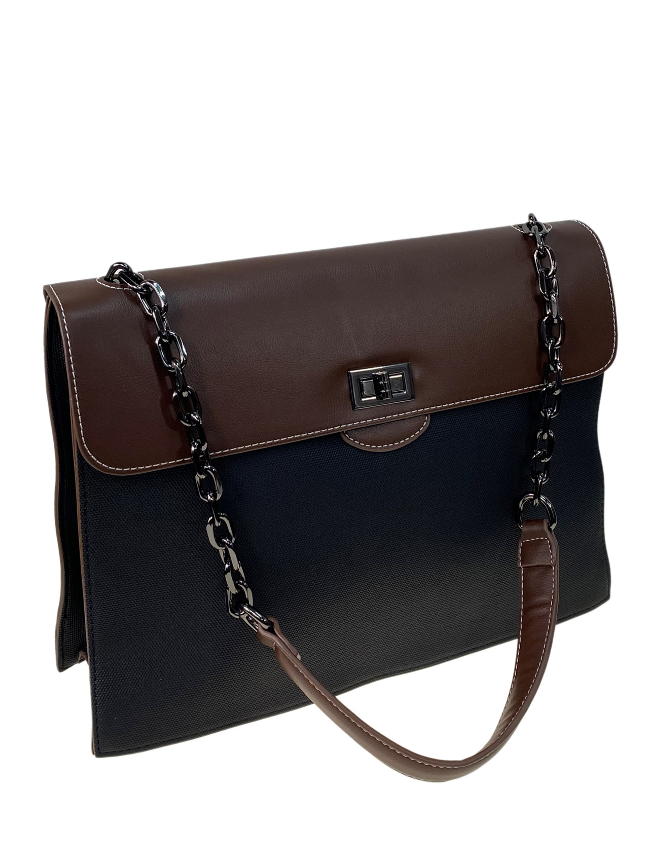 На фото 1 - Женская сумка из искусственной кожи и текстиля, цвет черный с шоколадом