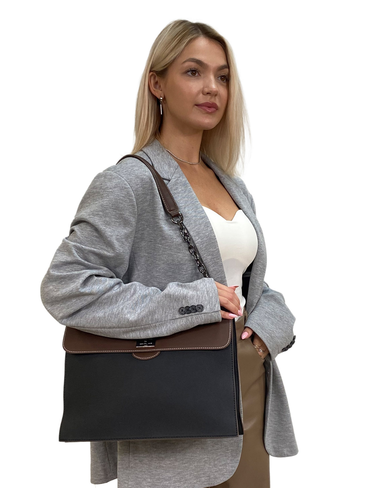На фото 3 - Женская сумка из искусственной кожи и текстиля, цвет черный с шоколадом