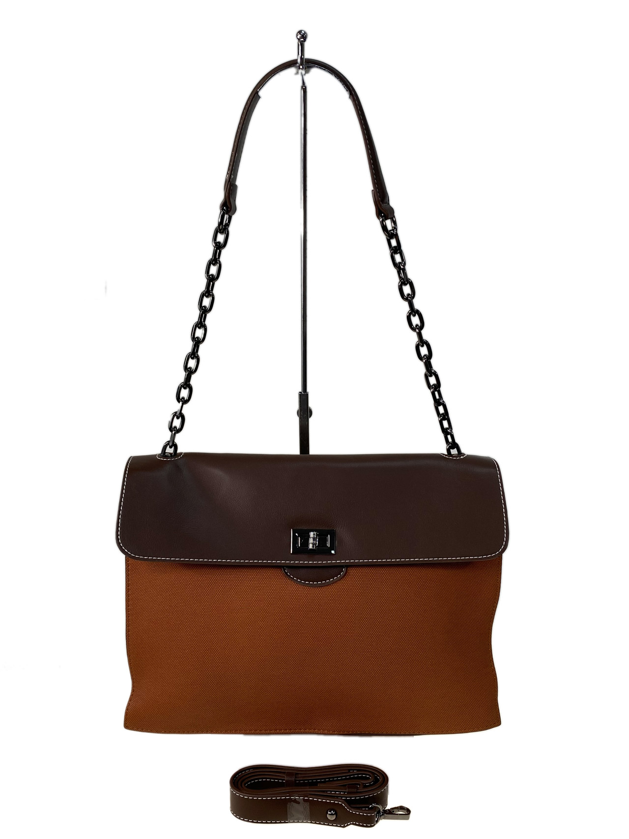 На фото 2 - Женская сумка из искусственной кожи и текстиля, цвет хаки с шоколадом
