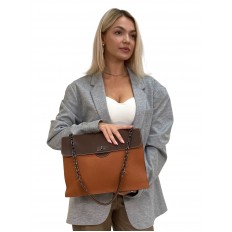 На фото 3 - Женская сумка из искусственной кожи и текстиля, цвет хаки с шоколадом