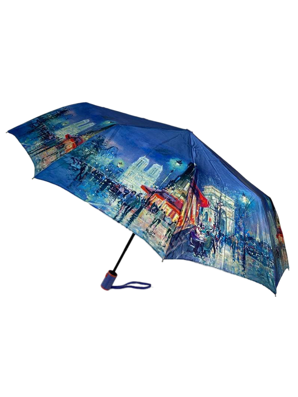 На фото 1 - Зонт женский-полуавтомат с живописным принтом, цвет синий