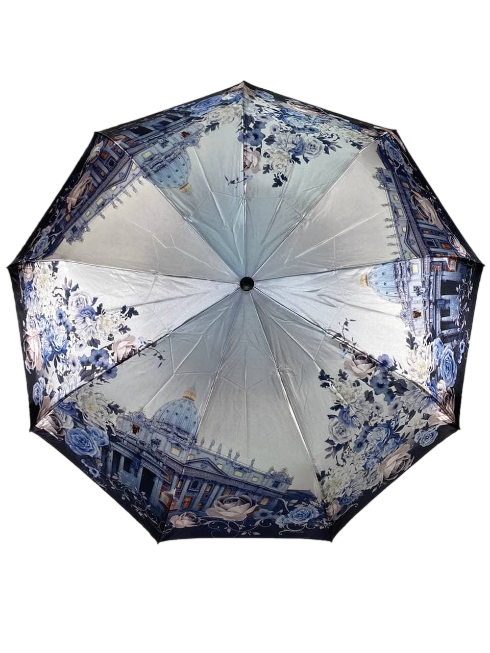 На фото 2 - Женский зонт-полуавтомат с живописным принтом, цвет серо-голубой