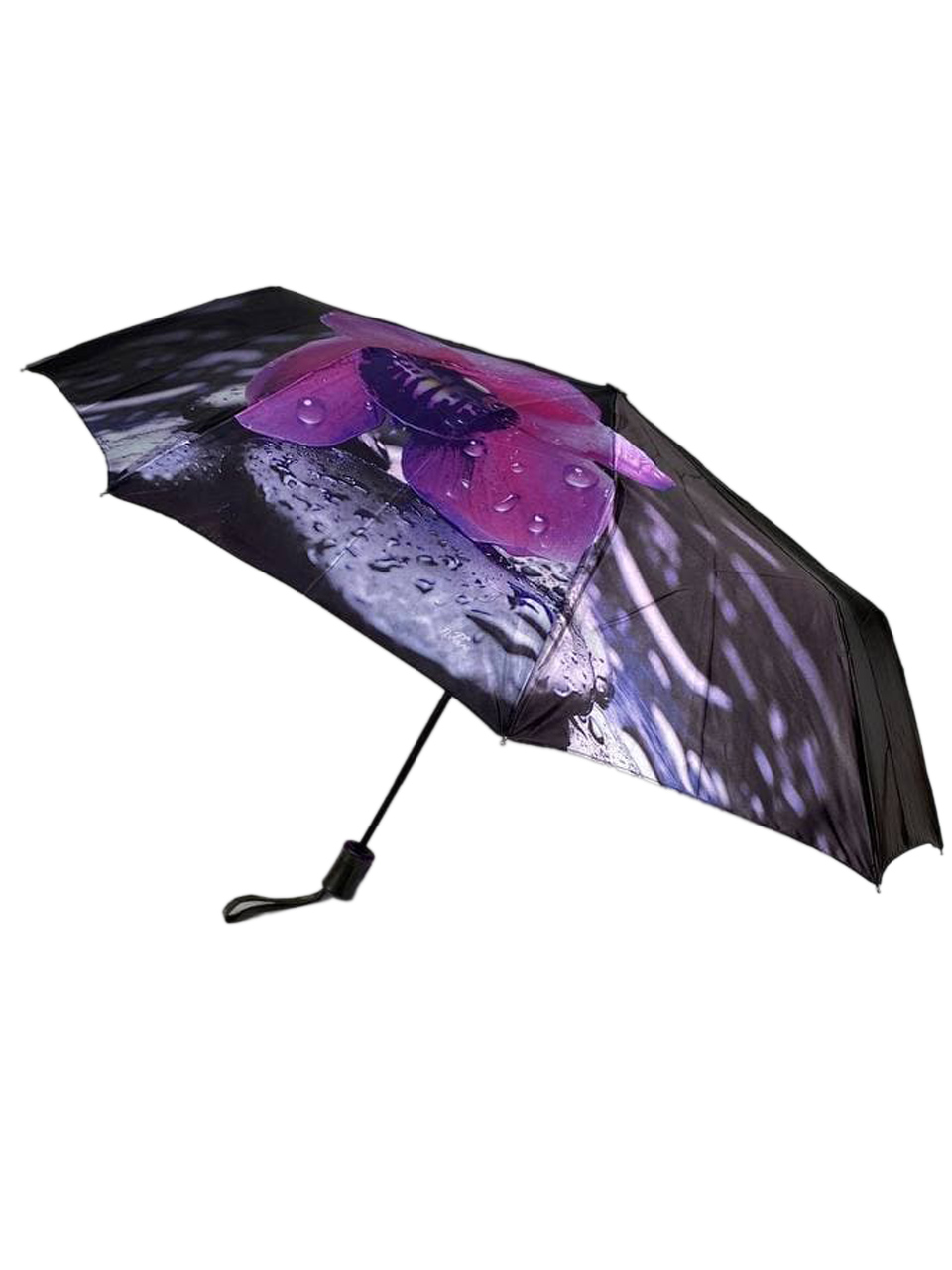 На фото 1 - Женский зонт-полуавтомат с цветочным принтом, цвет чёрный