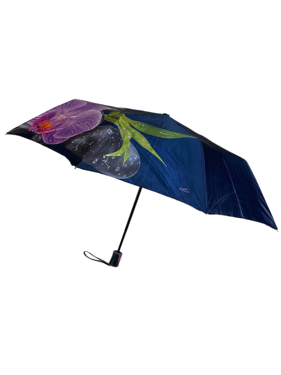На фото 1 - Женский зонт-полуавтомат с цветочным принтом, цвет тёмно-синий