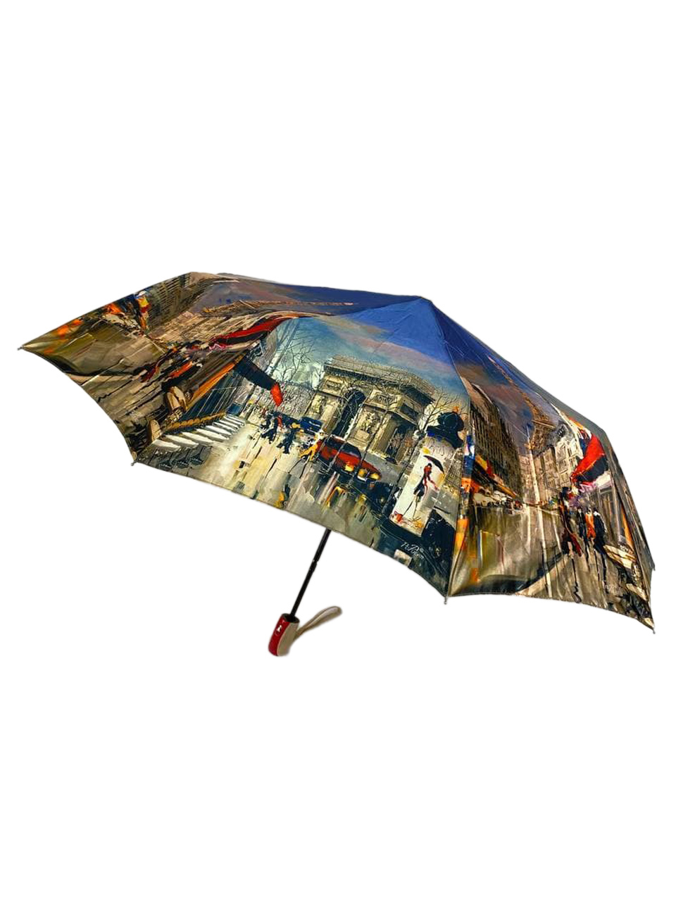На фото 1 - Женский зонт-полуавтомат с живописным принтом, мультицвет