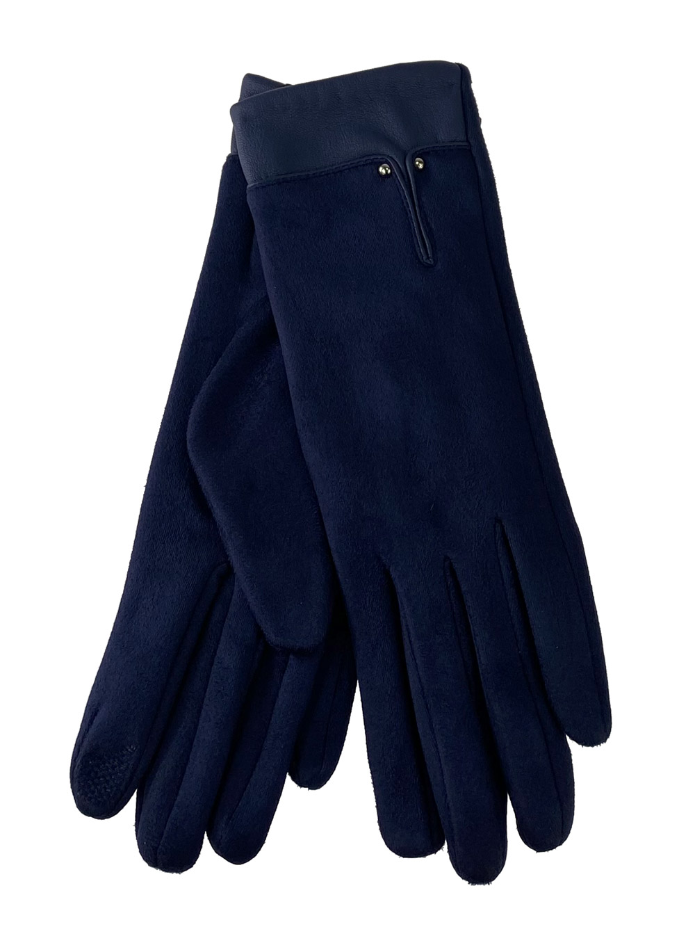 Велюровые женские перчатки с манжетой из натуральной кожи, цвет тёмно-синий