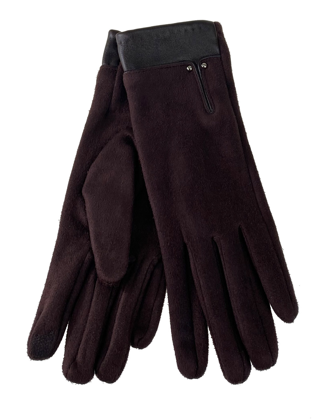 На фото 1 - Велюровые женские перчатки с манжетой из натуральной кожи, цвет шоколад