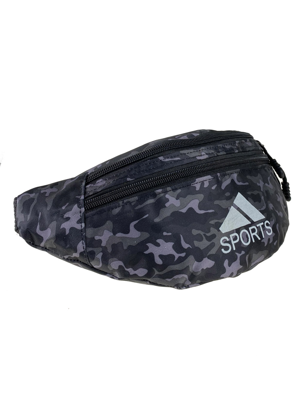 На фото 1 - Спортивная текстильная сумка на пояс с камуфляжным принтом, оттенки серого