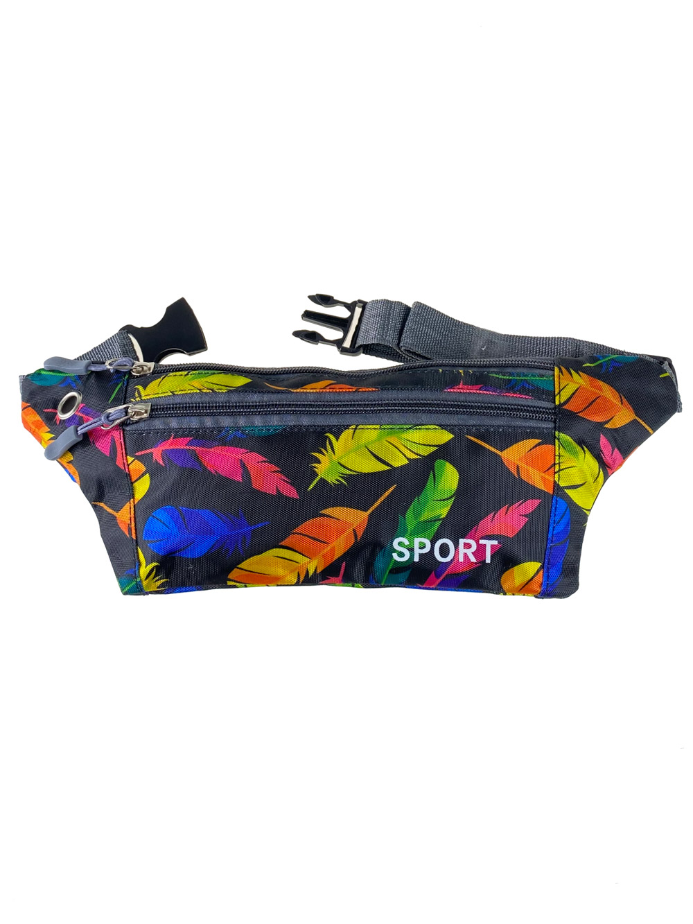 На фото 2 - Спортивная поясная сумка из текстиля с разноцветным принтом, цвет мульти