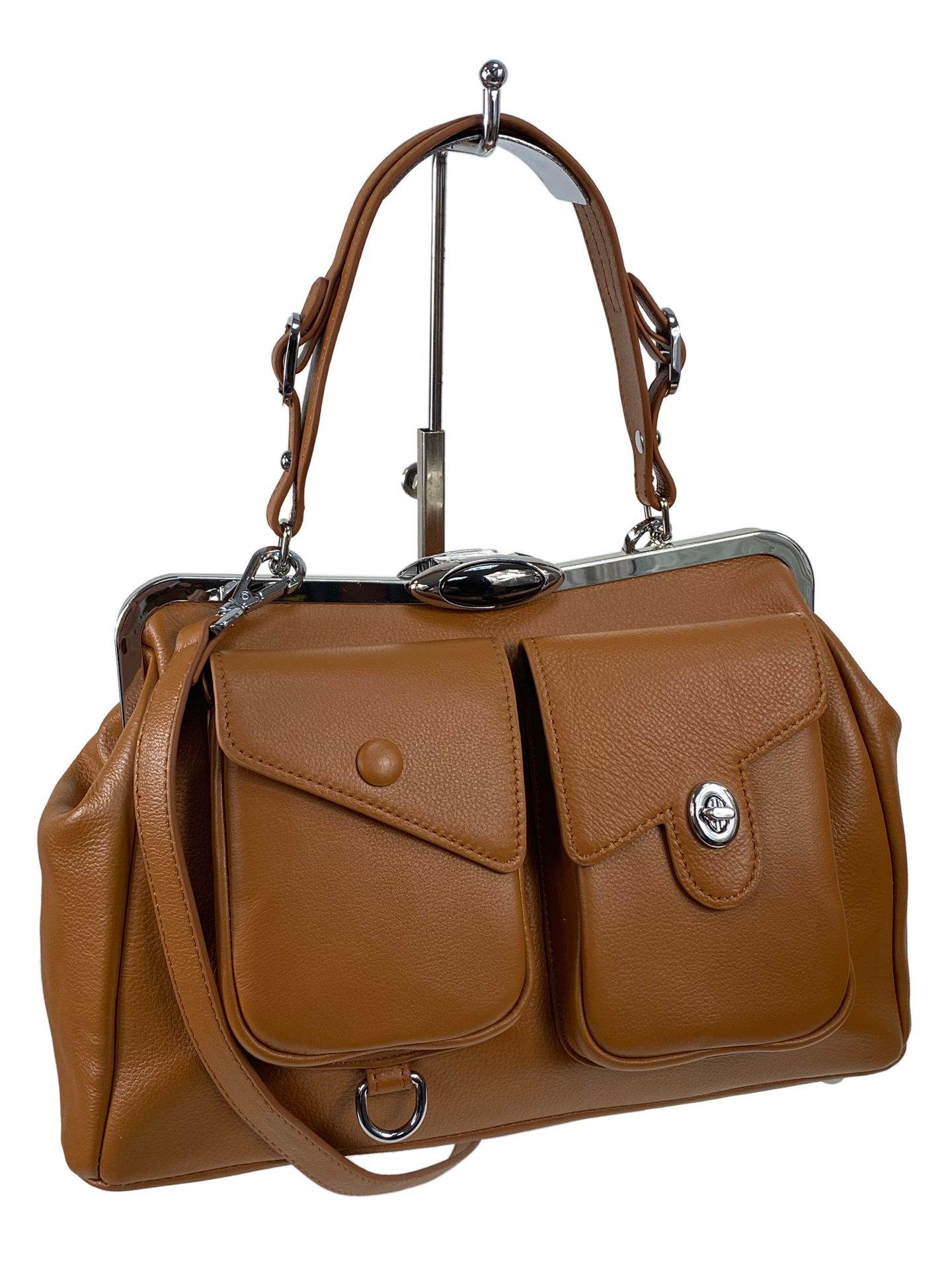 На фото 1 - Женская сумка саквояж с фермуаром из натуральной кожи цвет коричнево - рыжий