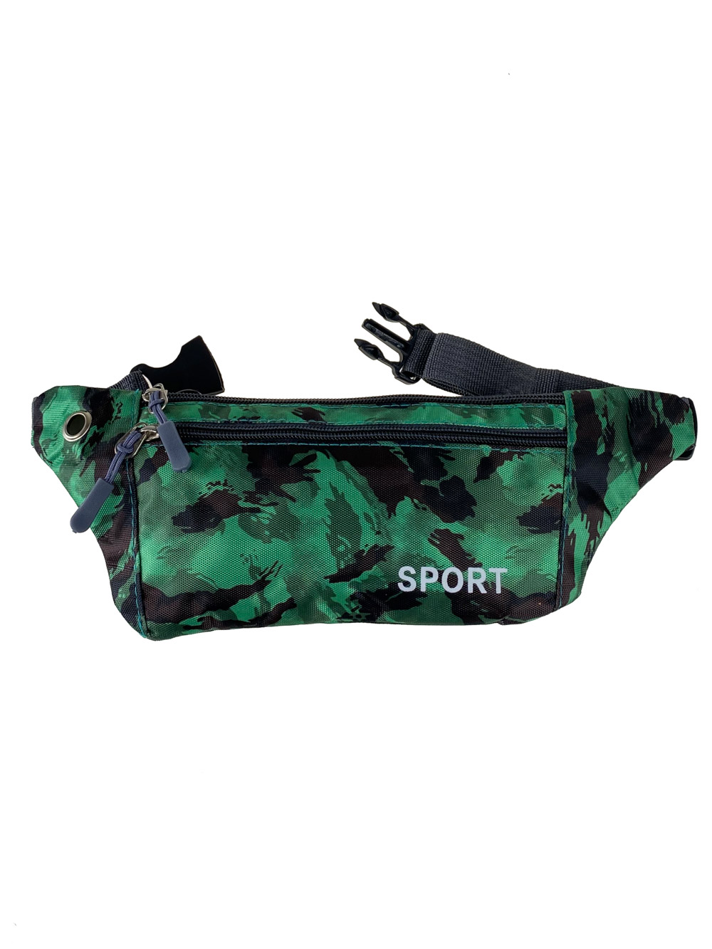 На фото 2 - Спортивная тканевая сумка на пояс с камуфляжным принтом, цвет зелёный