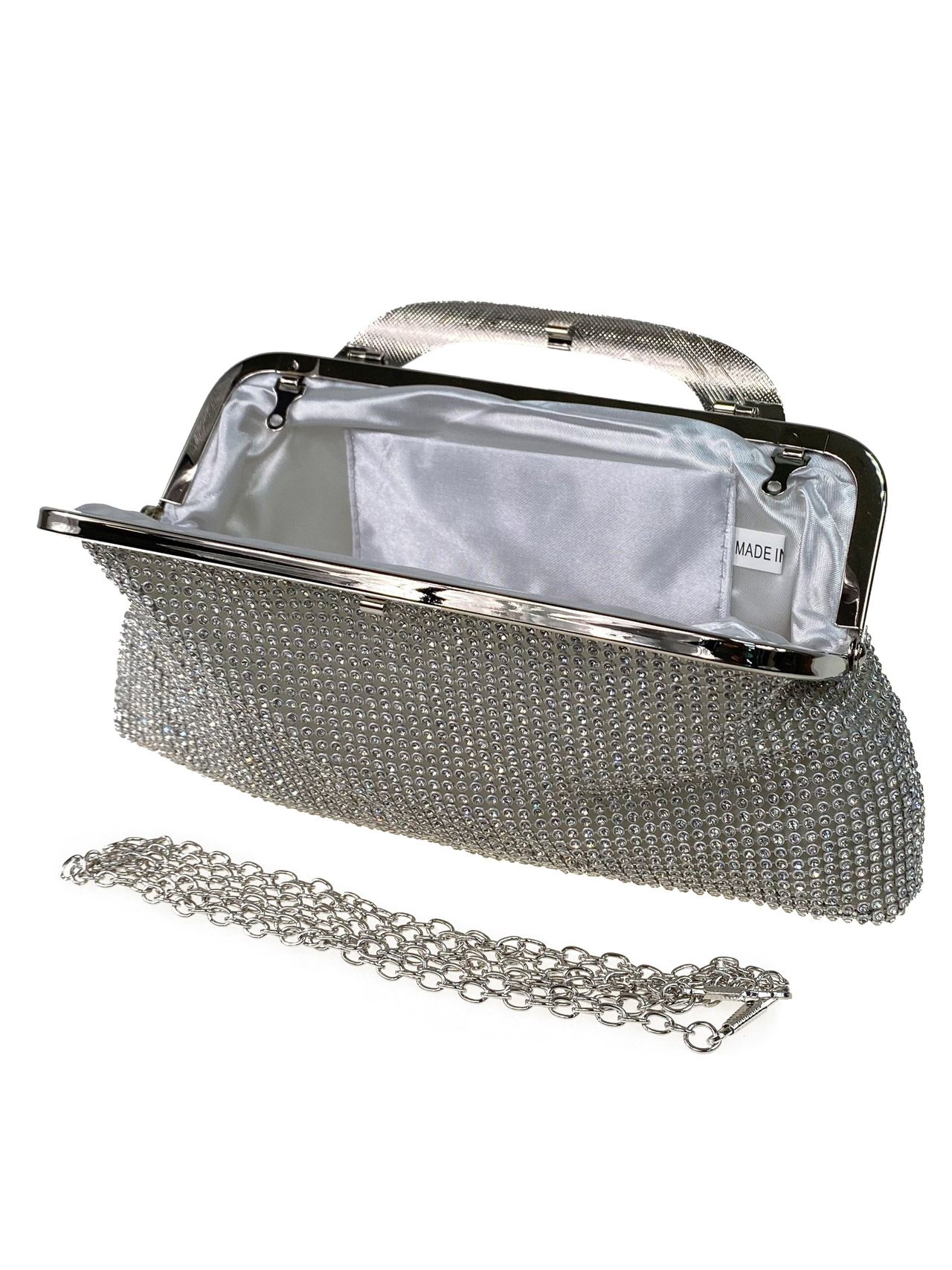 На фото 1 - Вечерняя сумка клатч со стразами, цвет серебро