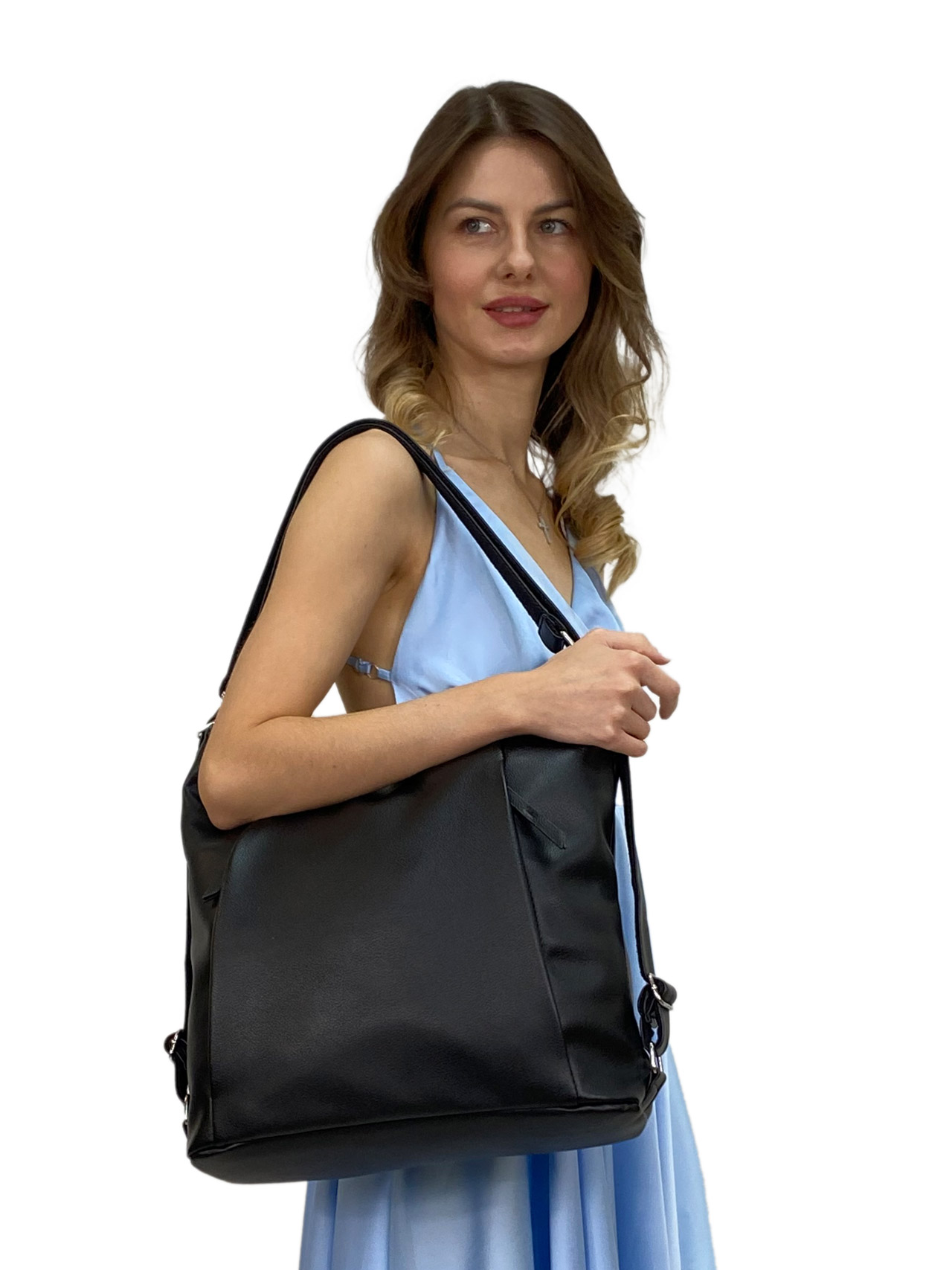 На фото 1 - Женская сумка шоппер из искусственной кожи, цвет черный