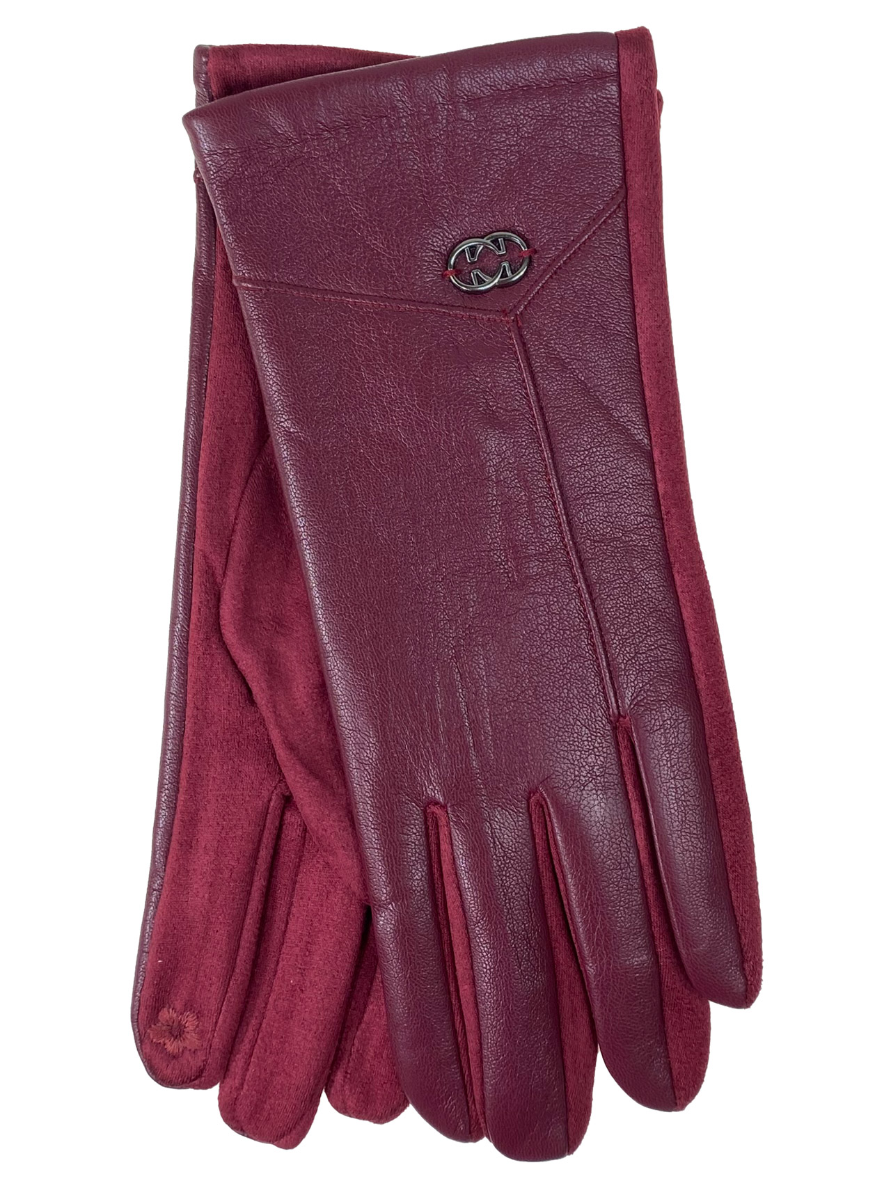На фото 1 - Элегантные женские перчатки из кожи и велюра, цвет бордовый