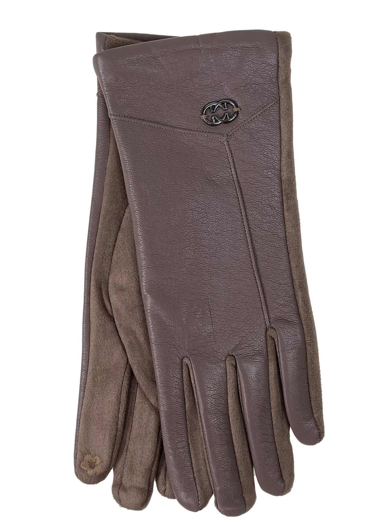 На фото 1 - Элегантные женские перчатки из кожи и велюра, цвет светло коричневый