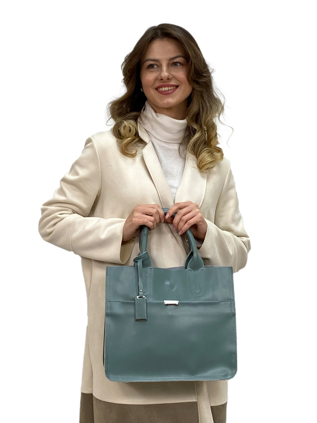 На фото 1 - Женская сумка из натуральной кожи, цвет бирюзовый