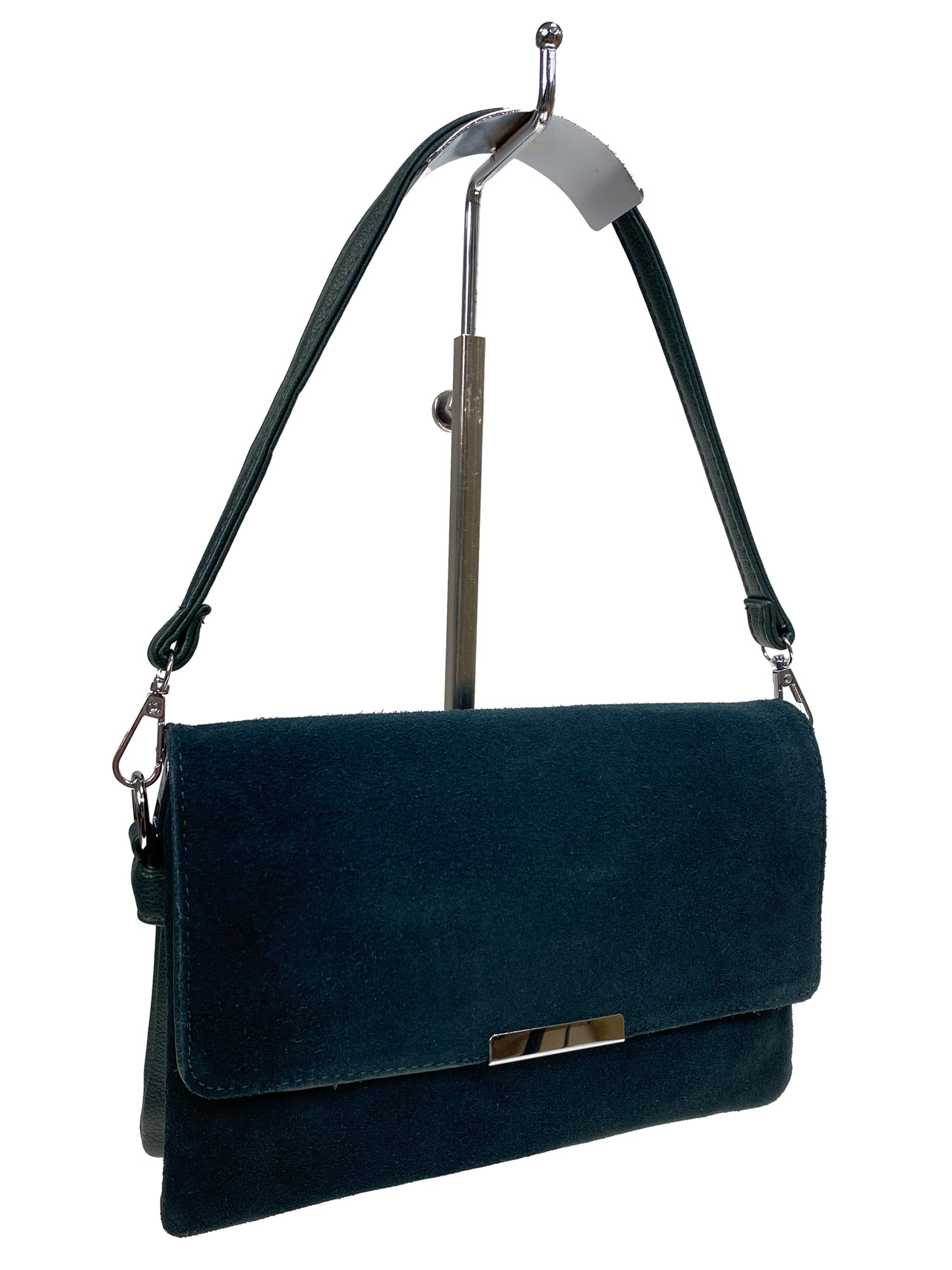 На фото 1 - Женская сумка клатч из натуральной замши и искусственной кожи, цвет зеленый