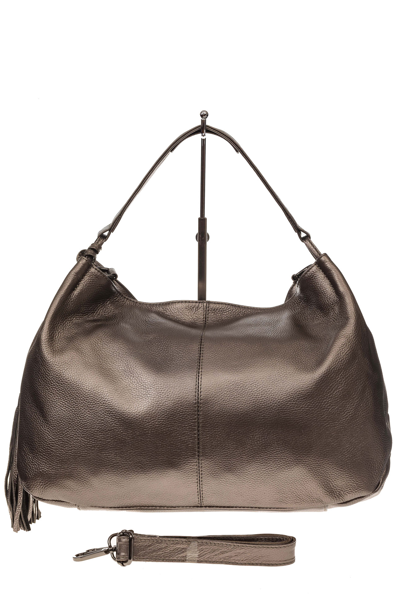 На фото 2 - Мягкая женская сумка из натуральной кожи, цвет бронза
