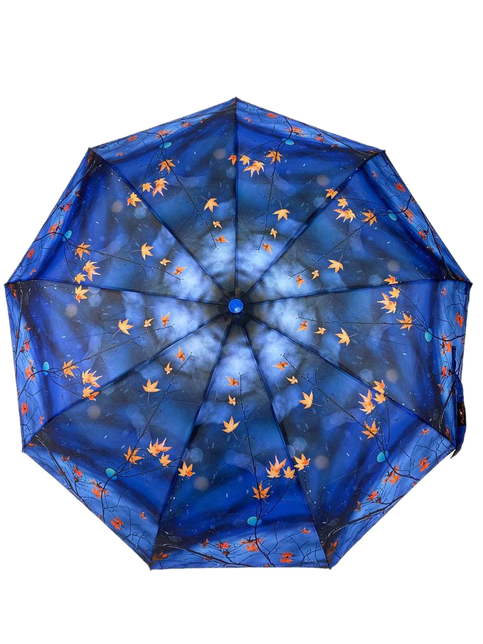 На фото 2 - Женский зонт-автомат с осенним принтом, цвет синий