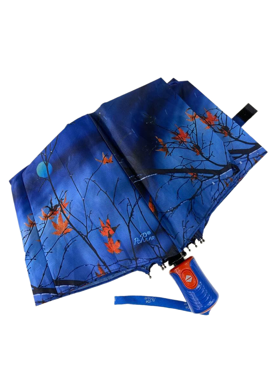 На фото 4 - Женский зонт-автомат с осенним принтом, цвет синий
