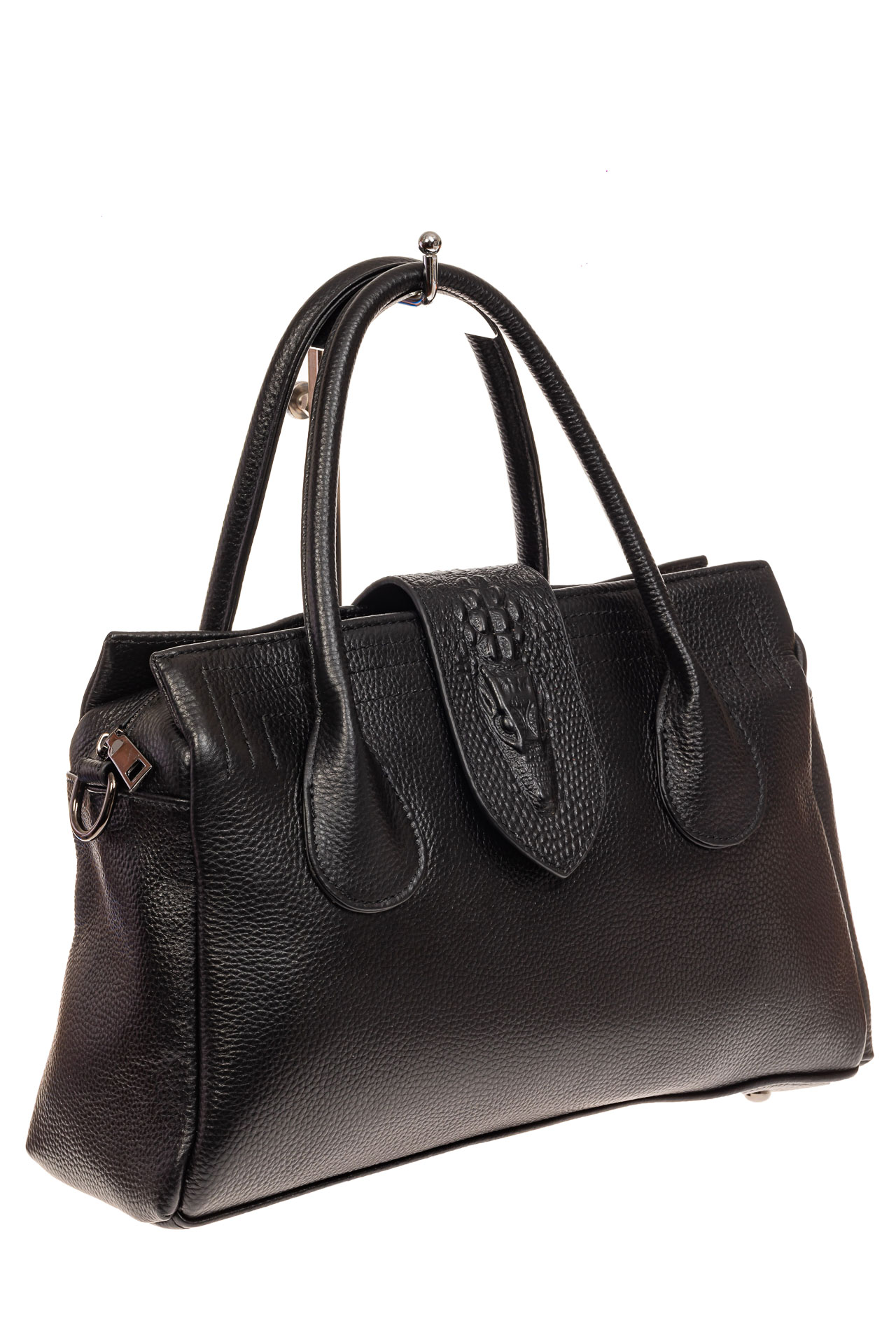 На фото 1 - Женская сумка с гортом из крокодила, цвет черный